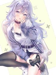  asymmetrical_legwear belt black_bra black_socks black_thighhighs bra bra_peek cardigan cat_slippers controller double-parted_bangs feet_out_of_frame female foot_out_of_frame furrowed_brow game_controller grey_hair hair_ornament hand_on_own_chin hand_up highres holding holding_controller holding_game_controller indie_virtual_youtuber lace lace-trimmed_shorts lace_bra lace_trim layered_clothes long_hair long_sleeves nyan5000 open_cardigan open_clothes parted_lips partially_unbuttoned pink_eyes purple_belt purple_cardigan shirt shirt_belt short_shorts shorts single_off_shoulder single_sleeve_past_wrist single_sock single_thighhigh sitting socks thighhighs two-tone_eyes underwear uneven_legwear urota_eru white_shirt x_hair_ornament yellow_eyes 