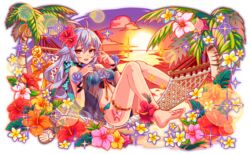  ankle_flower anklet aqua_bikini aqua_flower aqua_ribbon aqua_rose aqua_stripes artist_request bare_arms bare_legs bare_shoulders barefoot beach bikini black_bikini black_ribbon black_straps blue_sky butterfly_ornament cel_shading choker clam_shell cloud coconut coconut_tree crash_fever flower flower_bikini full_body game_cg gold_anklet grey_eyebrows grey_hair hair_between_eyes hair_flower hair_ornament hammock hibiscus horizontal-striped_ribbon janghwa_(crash_fever) jewelry knees_together_feet_apart leaf light_rays long_hair lying midriff neck_flower ocean official_art on_hammock open_mouth orange_flower orange_sky outline palm_leaf palm_tree pink_flower plumeria raised_eyebrows red_outline red_water ribbon ribbon_choker rose sand saturated see-through sidelocks sky solo sparkle starfish sun sunset swimsuit tachi-e thigh_strap transparent_background tree very_long_hair white_flower wrist_flower wrist_straps yellow_flower yellow_rose 