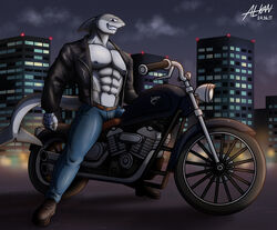  abs absurd_res alkan anthro biker biker_jacket blue_bottomwear blue_clothing blue_pants bottomwear city city_background clothed clothing cybernetics cyborg denim denim_bottomwear denim_clothing fish grey_body harley_davidson hi_res jacket jeans leather leather_clothing leather_jacket leather_topwear machine male marine motorcycle multicolored_body muscular muscular_anthro muscular_male navel nipples norman_(alkan) open_clothing open_jacket open_topwear pants pecs red_eyes shark solo topwear two_tone_body vehicle 