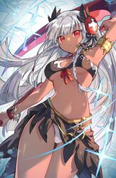  absurdres armlet bikini braid breasts dark_valkyrie_(p&amp;d) female hair_ornament highres holding holding_scythe kuuron_(moesann17) long_hair looking_at_viewer navel o-ring o-ring_top puzzle_&amp;_dragons red_eyes sarong scythe solo swimsuit tan twin_braids underboob valkyrie_(p&amp;d) white_hair 