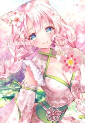  blurry blurry_background blush braid breasts cherry_blossoms cleavage closed_mouth collarbone commission detached_sleeves emoji falling_flower female floral_print_kimono flower flower_knot green_sash hair_flower hair_ornament highres japanese_clothes kimono long_hair long_sleeves looking_at_viewer low_twin_braids medium_breasts obi original pink_flower pink_hair pink_kimono sash sleeveless sleeveless_kimono sleeves_past_wrists smile solo split_mouth twin_braids twitter_username upper_body very_long_hair yugaa 