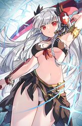  absurdres armlet bikini braid breasts dark_valkyrie_(p&amp;d) female hair_ornament highres holding holding_scythe kuuron_(moesann17) long_hair looking_at_viewer navel o-ring o-ring_top puzzle_&amp;_dragons red_eyes sarong scythe solo swimsuit twin_braids underboob valkyrie_(p&amp;d) white_hair 