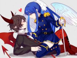  2girls androgynous angel angel_wings belt black_belt blue_eyes blue_footwear blue_hair blue_shirt blue_skirt boots bow brown_jacket buttons colored_skin demon demon_girl demon_horns demon_tail demon_wings epaulettes eye_contact feathered_wings from_side funamusea grey_background hairbow haiyahaiyohai hand_on_another&#039;s_chest heart holding holding_sword holding_weapon horns jacket long_sidelocks looking_at_another ltra_marine multiple_girls pale_skin pointy_ears ponytail red_eyes red_footwear red_horns red_socks red_wings shirt short_hair sidelocks simple_background sitting sitting_on_person skirt socks striped_clothes striped_socks sweatdrop sword tail tomboy ver_million_(funamusea) vertical-striped_clothes vertical-striped_socks weapon white_bow white_skin wings yuri 