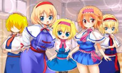  5girls :d alice_margatroid arms_under_breasts black_bow black_bowtie blonde_hair blue_dress blue_eyes blush boots bow bowtie breasts brown_footwear capelet closed_mouth collared_capelet commentary_request cookie_(touhou) cowboy_shot cross-laced_footwear curtsey dress flat_chest frilled_bowtie frilled_capelet frilled_dress frilled_hairband frilled_necktie frilled_sash frills grin hair_between_eyes hair_over_eyes hairband hand_on_own_chin hand_on_own_hip highres hinase_(cookie) ichigo_(cookie) indoors jigen_(cookie) large_breasts leaning_forward lets0020 long_bangs looking_at_viewer medium_bangs multiple_girls necktie open_mouth orange_eyes orange_hair pink_bow pink_bowtie pink_hairband pink_necktie pink_sash red_hairband red_necktie red_sash revision sakuranbou_(cookie) sash sharp_teeth short_hair smile sparkle taisa_(cookie) teeth touhou v v-shaped_eyebrows white_capelet 