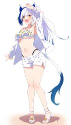  :d absurdres animal_ear_fluff animal_ears aomiya_yozuri arm_up bikini blue_hair blush cat_ears cat_girl cat_tail female high_ponytail highleg highleg_panties highres jacket long_hair midriff multicolored_hair namikawa_kuroha navel oerba_yun_fang open_clothes open_jacket panties panty_straps short_shorts shorts sidelocks simple_background smile solo swept_bangs swimsuit tail two-tone_hair underwear vee_(vtuber) virtual_youtuber white_background white_bikini white_footwear white_hair white_jacket white_shorts wristband yellow_eyes yellow_wristband 