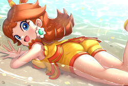  ass beach blue_eyes bow brown_hair earrings female flower_earrings gonzarez hairbow highres in_water jewelry long_hair looking_at_viewer lying mario_(series) mario_kart mario_kart_tour on_stomach open_mouth princess_daisy princess_daisy_(swimwear) smile water waving 