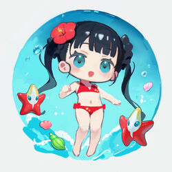  bikini black_hair blue_eyes chibi clam female flat_chest flower full_body hair_flower hair_ornament hair_rings hibiscus highres long_hair looking_at_viewer monk_(sekaiju) monk_2_(sekaiju) mya-zawa navel open_mouth red_bikini sekaiju_no_meikyuu sekaiju_no_meikyuu_3 smile solo starfish swimsuit twintails water 