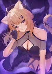  absurdres all_fours animal_ear_fluff animal_ears black_gloves blonde_hair breasts capelet cat_ears cat_girl cat_tail cleavage_cutout clothing_cutout facial_mark female gloves hat highres indie_virtual_youtuber long_hair looking_at_viewer medium_breasts red_eyes see-through see-through_capelet shoulder_cutout shyrei_faolan solo tail tentacle virtual_youtuber whisker_markings yukikuma_noa 