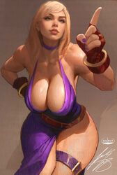  artist_name bangle bare_shoulders belt blonde_hair blue_eyes bracelet breasts choker cleavage dress fatal_fury female fingerless_gloves fingernails garou:_mark_of_the_wolves gloves ickpot index_finger_raised jenet_behrn jewelry large_breasts leaning_forward lips looking_at_viewer parted_lips purple_dress purple_nails signature simple_background snk solo the_king_of_fighters the_king_of_fighters_xv thighlet thighs 