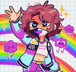  1other androgynous brown_hair chibi colorful crop_top crown_(symbol) grid haylsketches heart heart-shaped_pupils highres indie_virtual_youtuber jacket mask messy_hair midriff mouth_mask navel other_focus purple_shorts rainbow ranboo ranboo_(r800) shorts solo sparkle star_(symbol) strap symbol-shaped_pupils virtual_youtuber 