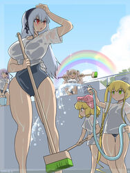  5girls alternate_breast_size alternate_costume barasuishou black_hairband black_ribbon blonde_hair blush breasts broom cleaning_brush closed_mouth commentary_request day drill_hair empty_pool expressionless feet_out_of_frame flower flower_over_eye frilled_hairband frills green_eyes grey_hair grey_one-piece_swimsuit hair_between_eyes hair_ribbon hairband highres hinaichigo holding holding_broom hose itini-sanshi kirakishou large_breasts long_hair looking_afar medium_bangs multiple_girls one-piece_swimsuit open_mouth outdoors pool purple_hair rainbow red_eyes ribbon rose rozen_maiden shinku shirt sidelocks smile standing suigintou swimsuit t-shirt twintails water wet wet_clothes wet_shirt white_flower white_rose white_shirt 