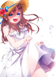  :d absurdres akane_haru_(dgyn8285) bare_shoulders blue_eyes brown_hair bubble character_request copyright_request dress female flower hat hat_flower hat_ribbon highres open_mouth ribbon simple_background skirt_hold sky smile solo summer sun_hat sundress white_background white_dress 