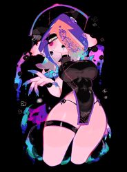  blue_hair breasts closed_mouth female hat highres jiangshi long_hair looking_at_viewer medium_breasts octoling octoling_girl octoling_player_character ofuda purple_eyes shirt simple_background solo splatoon_(series) standing suction_cups tentacle_hair usa37107692 