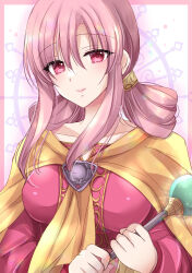  border breasts character_request closed_mouth dress female fire_emblem hair_between_eyes hair_rings highres holding holding_staff kirishima_riona long_hair looking_at_viewer medium_breasts orb pink_border pink_dress pink_hair red_eyes smile solo staff upper_body 