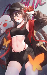  absurdres black_jacket black_nails boo_tao_(genshin_impact) breasts brown_hair crop_top female flower flower-shaped_pupils genshin_impact ghost hat highres holding holding_phone hu_tao_(genshin_impact) jacket jewelry long_hair long_sleeves looking_at_viewer natsunoyoi navel phone red_eyes ring shorts smile solo stomach streetwear symbol-shaped_pupils twintails very_long_hair 