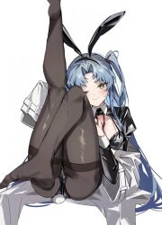  ;) alternate_costume angela_(project_moon) animal_ear_hairband animal_ears ass bad_id bad_twitter_id black_hairband black_leotard black_pantyhose blue_hair blush breasts cleavage coat curtained_hair fake_animal_ears fake_tail feet female foot_focus hairband invisible_chair knees_together_feet_apart latex legs_up leotard lobotomy_corporation long_hair long_sleeves looking_at_viewer medium_breasts mu46016419 no_shoes off_shoulder one_eye_closed one_side_up pantyhose playboy_bunny project_moon rabbit_ear_hairband rabbit_ears rabbit_tail shrug_(clothing) simple_background sitting sleeve_cuffs smile solo strapless strapless_leotard sweatdrop tail very_long_hair white_background white_coat yellow_eyes 