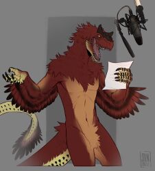  absurd_res anthro cryptid_jhin dinosaur electronics feathered_dinosaur feathered_scalie feathers featureless_crotch hi_res male microphone multicolored_body multicolored_feathers open_mouth paper prehistoric_species proceratosaurid reptile scalie solo teeth theropod yellow_eyes yutyrannus 