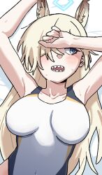  animal_ears arms_up blonde_hair blue_archive blue_eyes blush breasts competition_swimsuit dog_ears extra_ears female hair_over_one_eye halo highres kanna_(blue_archive) kanna_(swimsuit)_(blue_archive) large_breasts long_hair one-piece_swimsuit open_mouth osame sharp_teeth solo sweat swimsuit teeth 