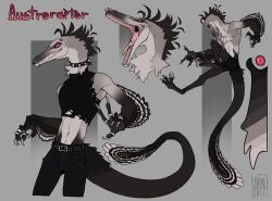  alternative_fashion anthro austroraptor clenched_teeth clothed clothed_male clothing collar crop_top cryptid_jhin dinosaur dromaeosaurid facial_piercing feathered_dinosaur feathered_scalie feathers goth male multicolored_body multicolored_feathers nose_piercing piercing prehistoric_species red_eyes reptile ring scalie shirt solo spiked_collar spikes teeth theropod tongue tongue_piercing topless topless_male topwear two_tone_body two_tone_feathers 