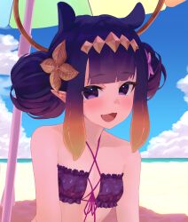  :d absurdres beach beach_umbrella bikini blue_sky blunt_bangs blush cloud cloudy_sky criss-cross_halter diamond_hairband double_bun english_commentary female flat_chest flower front-tie_bikini_top front-tie_top gradient_hair hair_bun hair_flower hair_ornament halterneck highres hololive hololive_english long_hair looking_at_viewer mole mole_under_eye multicolored_hair ninomae_ina&#039;nis oerba_yun_fang open_mouth orange_hair outdoors pointy_ears print_bikini purple_bikini purple_hair senk_km sidelocks sky smile solo swimsuit tentacle_hair umbrella upper_body virtual_youtuber 