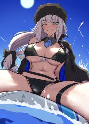  animal_ears bikini black_bikini black_hat black_jacket blue_eyes blush bracelet breasts cat_ears cat_girl cleavage detached_collar dobrynya_nikitich_(fate) dobrynya_nikitich_(swimsuit_lancer)_(fate) dobrynya_nikitich_(swimsuit_lancer)_(first_ascension)_(fate) fate/grand_order fate_(series) female fur-trimmed_headwear fur_trim hat highres jacket jacket_on_shoulders jewelry large_breasts long_hair looking_at_viewer navel necktie one_eye_closed shiroshisu smile solo swimsuit thighs white_hair 