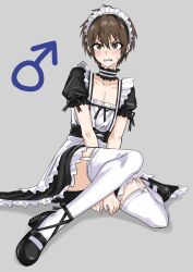  1boy absurdres apron between_legs black_bow black_dress black_footwear blush bow brown_eyes brown_hair choker collarbone crossdressing dress embarrassed frilled_apron frilled_choker frilled_dress frills fuku_(fuku12290574) full_body garter_straps grey_background hair_between_eyes hand_between_legs highres legs looking_at_viewer maid maid_apron maid_headdress male_focus mars_symbol original otoko_no_ko puffy_short_sleeves puffy_sleeves shadow short_hair short_sleeves simple_background sitting solo sweatdrop thighhighs white_apron white_thighhighs 