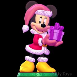  3d_(artwork) 3d_modeling 3d_print anthro belt black_body boots christmas christmas_clothing christmas_headwear clothing digital_media_(artwork) disney female footwear gift gloves handwear hat headgear headwear hi_res holidays looking_sideways mammal minnie_mouse mouse murid murine open_mouth pink_clothing rodent santa_hat shoes sillytoys simple_background smile solo stage tongue 