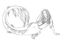  2024 5_fingers artist_logo blouse clothing digital_drawing_(artwork) digital_media_(artwork) disney elizabeth_swann english_description female fingers fish_tail frilly hair humanoid logo long_hair looking_at_viewer lying marine merfolk monochrome pirates_of_the_caribbean realistic_anatomy simple_background solo split_form tittydispenser topwear white_background 