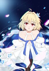  ahoge arcueid_brunestud blonde_hair breasts commentary dress eyelashes falling_leaves fate/grand_order fate_(series) female from_above highres leaf looking_up medium_breasts open_mouth red_eyes solo tsukihime ttriwk white_dress 