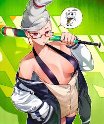  ayase_seiko baseball_bat breasts cesar_art456 dandadan earrings female glasses grey_hair hand_in_pocket highres holding holding_baseball_bat hoop_earrings jacket jewelry looking_at_viewer open_clothes open_jacket red-framed_eyewear red_eyes solo thighhighs 