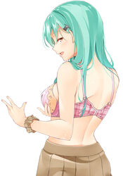  back blush bra breast_hold breasts brown_skirt byte_(allbyte) commentary_request female from_behind green_hair hair_ornament hairclip highres kantai_collection large_breasts long_hair looking_at_viewer looking_back naughty_face no_shirt pink_bra plaid plaid_bra plaid_scrunchie profile scrunchie sideboob simple_background skirt smile solo suzuya_(kancolle) underwear white_background wrist_scrunchie yellow_eyes 