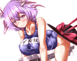  all_fours blush bow collarbone commentary_request cosplay embarrassed female hat hat_bow i-19_(kancolle) i-19_(kancolle)_(cosplay) kantai_collection nagae_iku name_connection one-piece_swimsuit photoshop_(medium) purple_eyes purple_hair school_swimsuit solo swimsuit torpedo touhou unworn_hat unworn_headwear wet zan_(harukahime) 