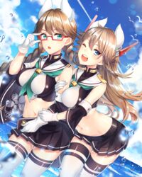  2girls azur_lane black_skirt blue_eyes blush breasts brown_hair commentary_request furutaka_(azur_lane) furutaka_(retrofit)_(azur_kane) glasses gloves gold_trim green_eyes green_neckerchief highres kako_(azur_lane) kako_(retrofit)_(azur_lane) kitazume_kumie large_breasts long_hair looking_at_viewer midriff multiple_girls navel neckerchief one_eye_closed open_mouth parted_lips school_uniform semi-rimless_eyewear serafuku skirt smile thighhighs twintails water_drop white_gloves white_thighhighs 