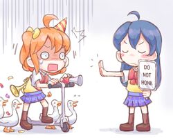  2girls ^^^ ahoge bike_horn bird birthday blue_hair blush_stickers chibi commentary confetti constricted_pupils english_text friedbun gloom_(expression) goose hat holding holding_sign instrument kick_scooter kneehighs kosaka_honoka long_hair love_live! love_live!_school_idol_project multiple_girls one_side_up orange_hair otonokizaka_school_uniform party_hat placard school_uniform shaded_face short_hair sign skirt socks sonoda_umi summer_uniform surprised tears trumpet 