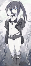  belt bikini bikini_top_only bikini_under_clothes black_rock_shooter black_rock_shooter_(character) blue_eyes boots closed_mouth coat commentary_request female front-tie_top glowing glowing_eyes hair_between_eyes highres knee_boots kook long_hair looking_at_viewer monochrome navel no_shirt open_clothes open_coat photoshop_(medium) short_shorts shorts solo spot_color standing swimsuit twintails undressing uneven_twintails 