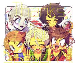  5boys animification bad_id bad_pixiv_id bare_shoulders black_hair blonde_hair blue_eyes brown_hair cole_(ninjago) colored_skin cyborg food fruit hair_over_one_eye highres japanese_clothes jay_(ninjago) kai_(ninjago) lloyd_garmadon multiple_boys ninjago one_eye_closed red_eyes shimanie smile spiked_hair strawberry the_lego_group thick_eyebrows white_hair yellow_skin zane_(ninjago) 