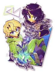  2boys animification armor bad_id bad_pixiv_id belt black_eyes black_hair blonde_hair bodysuit boots cole_(ninjago) colored_skin gloves green_eyes hair_over_one_eye japanese_armor japanese_clothes lloyd_garmadon multiple_boys ninjago shimanie shoulder_armor shoulder_pads smile sode the_lego_group thick_eyebrows turtleneck yellow_skin 