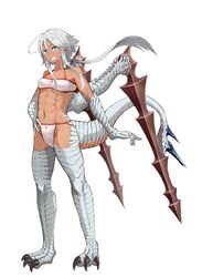  airu_zweihander bare_shoulders belt_bra blue_eyes bra breasts claws commentary_request dragon_girl dragon_tail female floating_hair full_body grey_hair grin highres hitokuirou long_hair looking_at_viewer monster_girl original panties pointy_ears simple_background small_breasts smile solo standing tail underwear white_background white_bra white_panties wings 