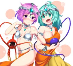  2girls :d alternate_costume armlet bare_shoulders blush breasts choker cleavage collarbone commentary_request cosplay cowboy_shot dancer dragon_quest dragon_quest_iv eyeball green_eyes green_hair groin headgear heart highres hitotsuki_nebura indian_clothes komeiji_koishi komeiji_satori large_breasts locked_arms looking_at_another looking_down manya_(dq4) manya_(dq4)_(cosplay) minea_(dq4) minea_(dq4)_(cosplay) multiple_girls navel nose_blush open_mouth pelvic_curtain purple_eyes purple_hair revealing_clothes siblings sisters small_breasts smile thighs third_eye touhou 