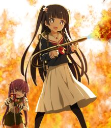  2girls :d black_hair blunt_bangs blush commentary company_connection crossover ebisuzawa_kurumi empty_eyes fingerless_gloves flamethrower flower gakkou_gurashi! gloves goribote hair_ornament hokuto_no_ken kohashi_wakaba long_hair manga_time_kirara megurigaoka_high_school_uniform multiple_girls obutsu_wa_shoudoku_da open_mouth ozawa_ari pantyhose purple_eyes purple_hair school_uniform season_connection serafuku shirozume_girls_high_school_uniform shovel skirt smile splatoon_(series) splatoon_1 star-shaped_pupils star_(symbol) sweatdrop symbol-shaped_pupils twintails two_side_up voice_actor_connection wakaba_girl wavy_mouth weapon 