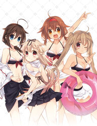  4girls :t bikini black_hair blonde_hair blue_eyes braid breasts brown_eyes brown_hair cleavage commentary_request hair_ribbon hairband kantai_collection long_hair medium_breasts multiple_girls murasame_(kancolle) red_eyes red_hairband ribbon sailor_bikini sailor_collar sarong shigure_(kancolle) shigure_kai_ni_(kancolle) shiratsuyu_(kancolle) shiratsuyu_(swimsuit)_(kancolle) short_hair shorts skirt small_breasts suzushiro_kurumi swimsuit twintails yuudachi_(kancolle) yuudachi_kai_ni_(kancolle) yuudachi_kai_ni_(swimsuit)_(kancolle) 