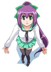  :d black_legwear bow collarbone female female foreshortening from_above full_body green_eyes hair_between_eyes hairbow kage_kara_mamoru! knees_together_feet_apart kumogakure_hotaru legs light_smile long_hair looking_at_viewer looking_up makino_tomoyasu necktie open_mouth pleated_skirt ponytail purple_hair school_uniform serafuku shoes simple_background skirt smile solo standing thighhighs white_background zettai_ryouiki 