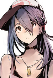  bare_shoulders black_choker blue_hair brown_eyes casual choker closed_mouth collarbone commentary_request female hair_behind_ear hair_between_eyes hat jewelry long_hair medium_hair necklace noraico original pendant portrait purple_hair simple_background solo tank_top white_background 