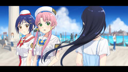  3girls aika_granzchesta amanchu! aria_(manga) aria_company_uniform blouse blue_hair blurry blurry_background blurry_foreground brown_eyes commentary_request creator_connection crossover depth_of_field dress gondola green_eyes hair_ornament hair_tubes hairclip hat highres himeya_company_uniform letterboxed mizunashi_akari multiple_girls oitsuki_(getsumen_diver) ooki_futaba open_mouth outdoors pier pinafore_dress pink_hair sailor_collar shirt short_hair short_hair_with_long_locks short_sleeves sidelocks sleeveless sleeveless_dress surprised uniform water white_shirt 