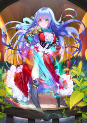  :&gt; aqua_bow aqua_eyes aqua_flower aqua_rose arch armor bad_id bad_pixiv_id bow breasts breeches bridge bush center_frills corset crystal_sword dress female filigree fire flower frills garden gauntlets glowing gold_trim greaves highres holding holding_sword holding_weapon ivy jjanda large_breasts leaf long_hair original outdoors pauldrons photoshop_(medium) pillar plant railing red_dress rose shoulder_armor solo spread_fingers sword underbust v-shaped_eyebrows very_long_hair weapon 