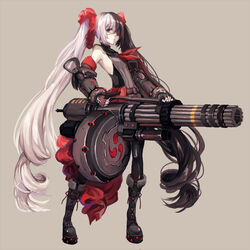  belt blade_&amp;_soul bodysuit boots brown_eyes commentary_request expressionless eyepatch female fingerless_gloves gatling_gun gauntlets gloves gun leotard long_hair meuyi multicolored_hair phallic_symbol pohwaran sleeveless solo split-color_hair twintails two-tone_hair very_long_hair weapon 