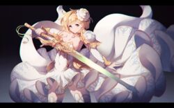  armor blonde_hair breasts cleavage closed_mouth commentary detached_sleeves djeeta_(granblue_fantasy) dress female flower glorybringer_(granblue_fantasy) granblue_fantasy hair_flower hair_ornament highres holding holding_sword holding_weapon large_breasts legs_apart letterboxed looking_at_viewer pauldrons short_hair shoulder_armor smile solo standing sword totoya_z weapon white_dress white_flower yellow_eyes 