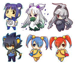  5girls :&lt; abomasnow ahoge androgynous animal_ears bad_id bad_pixiv_id bandages black_hair blue_eyes blue_hair blush_stickers chibi closed_mouth commentary_request dress dusclops gloves gradient_hair grey_hair hair_ornament hands_in_pockets hands_on_own_hips hitec jacket looking_at_viewer luxray minun multicolored_hair multiple_girls open_mouth outline personification plusle pokemon pokemon_tail poliwrath ponytail purple_eyes red_eyes red_hair simple_background slit_pupils smile standing tail thighhighs twintails v-shaped_eyebrows white_background white_hair yellow_eyes 