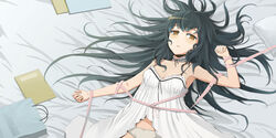  bed black_hair book bow bow_panties breasts choker cleavage commentary_request dress female folder highres jchoy lying medium_breasts on_back original panties photoshop_(medium) ribbon solo underwear white_dress yellow_eyes 