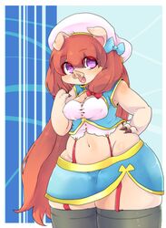  anthro breasts clothing domestic_pig female hair kemono legwear long_hair mammal open_mouth powderkona purple_eyes red_hair simple_background solo stockings suid suina sus_(pig) 